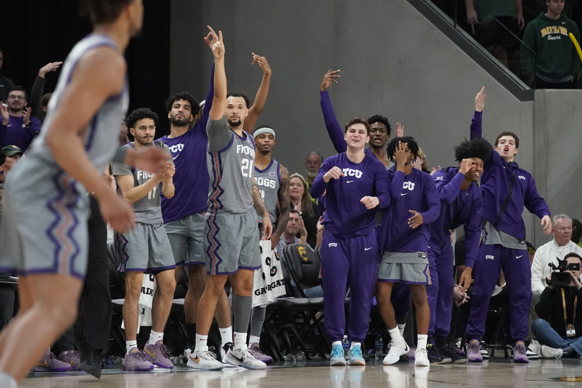 Jan 27, 2024; Waco, Texas, USA; The TCU bench reacts after a three-point basket against the Baylor Bears during the second half at Paul and Alejandra Foster Pavilion. Mandatory Credit: Raymond Carlin III-USA TODAY Sports  